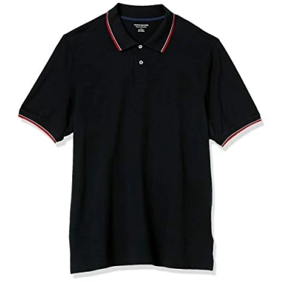 Imagen de Amazon Essentials Polo en piqué de algodón con Corte Regular (Disponible Talla Grandes y Largos Especiales) Hombre, Negro Rojo Blanco Thin Stripe, M