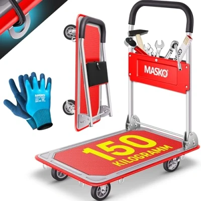 Imagen de MASKO® carro plegable con plataforma de transporte, incluye guantes trabajo, freno estacionamiento, ayuda 6 ojales seguridad, ruedas giratorias 360, (rojo,