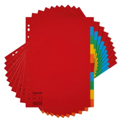 Imagen de Esselte Paquete de 10 separadores archivos tarjetas A4, carpetas colores para anillos y arco palanca, hechos cartón reciclado duradero
