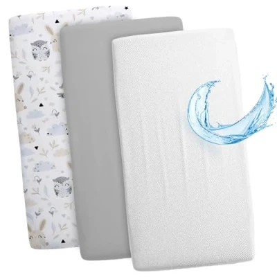 Imagen de sábana ajustable para cochecito de niño y moisés cuna Juego 3: 90 x 55 cm 2x funda con 1x protector colchón impermeable ajustable. Buhos grises