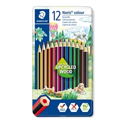 Imagen de Staedtler 185 M12 Lápices de Colores Noris (Alta Resistencia A La Rotura, Forma Hexagonal, Atractivo Diseño Rayas, Superficie Suave Ergonómica, Material Wopex, Juego 12 Colores, Caja Metal)