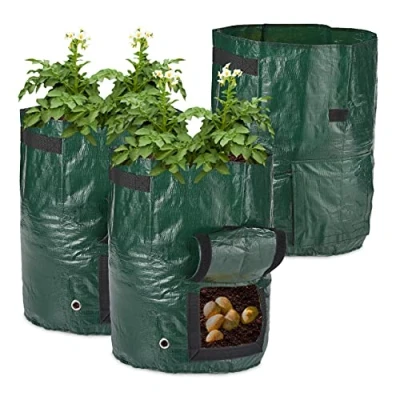 Imagen de Relaxdays Bolsas de Cultivo para Patatas en Set 3, con Ventana Lateral, 2 Asas, Plástico, 44 x 33 cm, Verde Oscuro