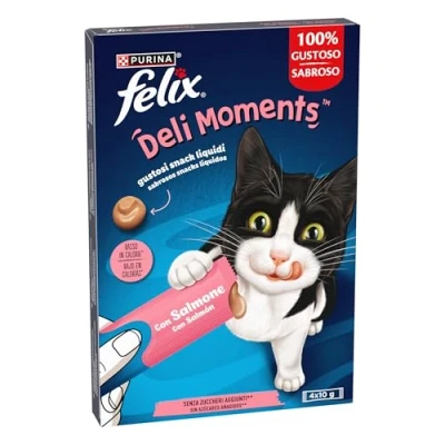 Imagen de Purina Felix DeliMoments, Snack líquido, Premio para Gato con Salmón, 11 Paquetes de 4 Sobres 10g