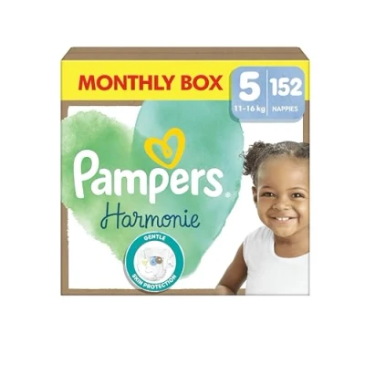 Imagen de Pampers Pañales para bebé tamaño 5 (11 16 kg) armonía, caja mensual, protección suave de la piel e ingredientes a base plantas, 152 unidades