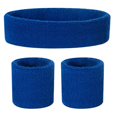 Imagen de ONUPGO Juego de bandas para el sudor niños, banda deportiva algodón deportes (1 diadema + 2 pulseras) (azul)