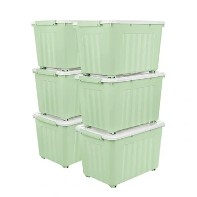 Imagen de Cetomo caja de almacenamiento plástico 55 L x 6, verde, mano, contenedor organizador con tapa duradera y hebillas enganche seguras, apilable encajable, paquete hebilla