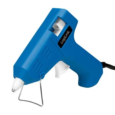 Imagen de LogiLink Mini pistola de pegamento caliente WZ0050 10 W, ideal para bricolaje (hazlo tú mismo), con soporte, color azul, 2 cartuchos 7,2 mm diámetro