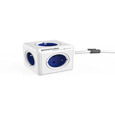 Imagen de allocacoc PowerCube Extended FR Azul Ladrón Multiple con 5 enchufes en Forma de Cubo, Color Blanco y