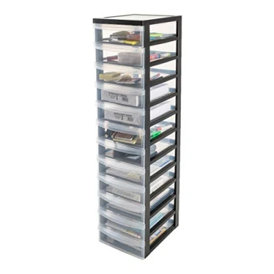 Imagen de Iris Ohyama Unidad de almacenamiento plástico con ruedas y 12 cajones superficiales, Negro, asas fácil extracción, multiusos, A4, A5, para oficina, hogar, escuela, Torre, Organizador, DC 012