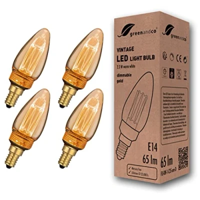 Imagen de greenandco 4x Bombilla LED regulable decorativa estilo vintage E14 C35 2,3W 65lm 1800K 320 230V, dorado, sin parpadeo