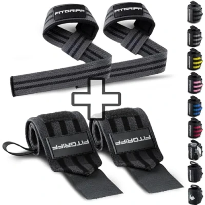 Imagen de Fitgriff® Straps y Muñequeras para Gym (1 Conjunto) Accesorios Gimnasio, Musculacion, Fitness Hombre Mujer (Grey)