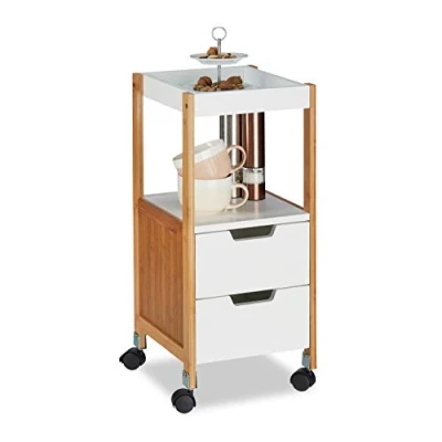 Imagen de Relaxdays Carrito Cocina con Cajones, DM y Bambú, Blanco, 69 x 30 cm, Tablero de Fibras