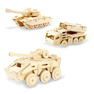 Imagen de Georgie Porgy Rompecabezas de Madera 3D Puzzle Modelo Colección Animales Juguete Construcción Kit Kids Jigsaw Toy Edad 5+ (3 Piezas, Tanque Blindado Vehículo Misiles)