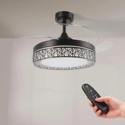 Imagen de M Ledme Ventilador de Techo Led Black Aqua 66W con luz, mando a Distancia, Bajo consumo, motor DC 30W+Luz 36W, 6 velocidades, Silencioso, 4 Aspas desplegables, verano invierno, temporizador