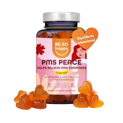 Imagen de Gominolas para el Síndrome Premenstrual (PMS) sin Azúcar, Suplemento Equilibrio Hormonal con Sauzgatillo + Azafrán Vitaminas B12 y B6, 60 gummies, Sabor a Mango, Vegano, BeSoHappy®