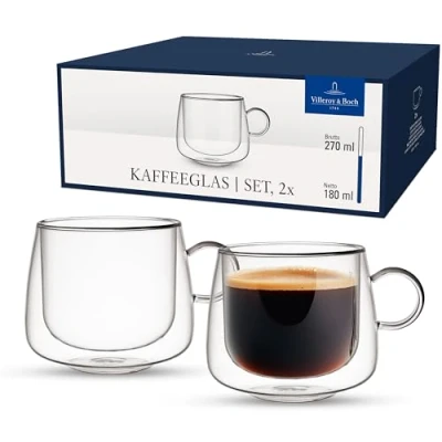 Imagen de Villeroy &amp; Boch Artesano Hot&amp;Cold Beverages vaso de café, set 2 vasos doble pared para bebidas frías y calientes, 180 ml, vidrio borosilicato, apto lavavajillas, microondas
