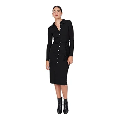 Imagen de Trendyol Vestido de Punto Midi Ajustado con Cuello abatible, para Mujer, Negro, M