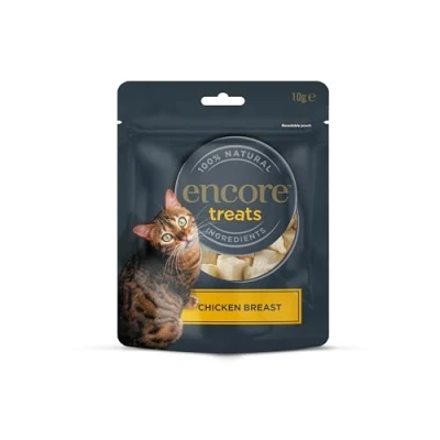 Imagen de Encore Premios para Gatos 100% Naturales de Pechuga Pollo, Congelados al Vacío, Snacks Saludables Sin Granos Recompensas y Entrenamiento Paquete 12 Bolsitas 10 g
