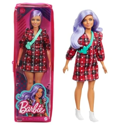 Imagen de Barbie Fashionista Muñeca con Pelo Violeta, Vestido de Cuadros Rojo y Accesorios Moda (Mattel GRB49)