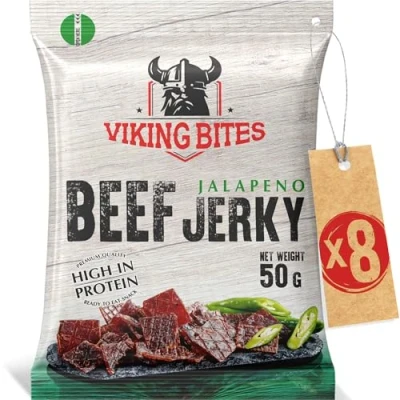 Imagen de Viking Bites Beef Jerky Con Jalapeños 400g (8 x 50 g) Cecina de ternera Aperitivo carne un alto contenido proteínas