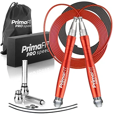 Imagen de PrimaFIT Pro Speed Cuerda Saltar, Comba Crossfit Hombre y Mujer de Alta Velocidad para Boxeo Fitness Mango Aluminio, Autoajustable, Rodamientos Rápidos, 2 Lastres, Cable Repuesto, Bolsa