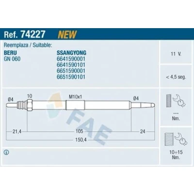 Imagen de FAE 74227 Bujía de precalentamiento 11V M 10x1 SSANGYONG: Rodius I, Kyron, Rexton / 2