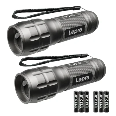 Imagen de Lepro Linterna LED Alta Potencia LE1000, Portátil con Zoom, IPX4 Impermeable Táctica Militar para Ciclismo, Camping, Senderismo etc. 3 AAA Pilas Incluidas [2 PACK] Gris Plateado