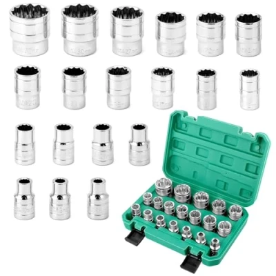 Imagen de QWORK® 19 Piezas Llaves de Vaso, Vaso Multidiente 1/2&quot;, 8 32 mm 12 Caras Juego Vasos