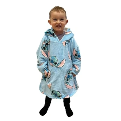 Imagen de Hugzee forro polar con capucha de gran tamaño, súper cálido y acogedor, diseño oficial Lilo Stitch Disney, sherpa, perfecto para niños pequeños 3 a 6 años, talla única