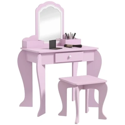Imagen de ZONEKIZ Tocador Infantil para Niñas y Niños de +3 Años Mesa Maquillaje con Taburete Espejo Cajón Cajas Almacenaje Forma Nube Rosa
