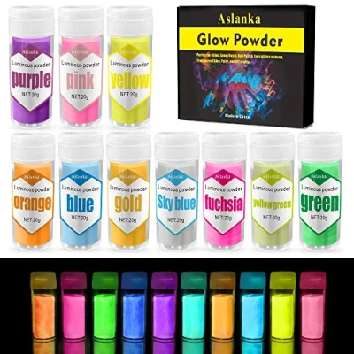 Imagen de Aslanka Polvo fluorescente autoiluminado, colorante de resina epoxi fosforescente para limo, uñas, resina, pintura, pintura acrílica, manualidades, 10 x 20g