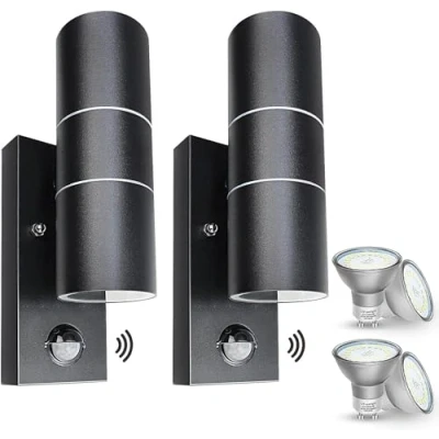 Imagen de Wondlumi Aplique Pared Exterior/Interior Led con Sensor de Movimiento 2 Piezas,4x5W GU10 IP44 Blanco Cálido 500LM,Lámpara Moderno Arriba Abajo Negro