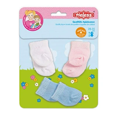 Imagen de Heless 73 Calcetines para muñecas, en los colores blanco, rosa y azul claro, 3 pares, talla 28 35 cm