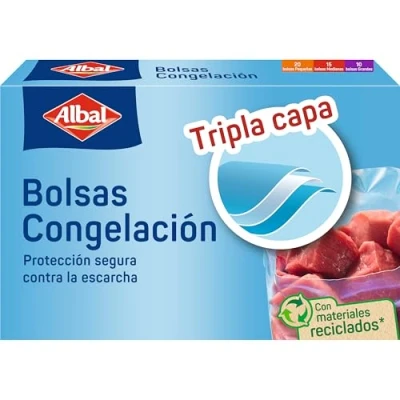 Imagen de Albal Bolsas Congelación Surtida 1, 3 y 8 Litros, Fabricadas con 70% de Materiales Reciclados, Triple Capa. Resistentes, Reutilizables, Reciclables, 45 Bolsas. Libres BPA