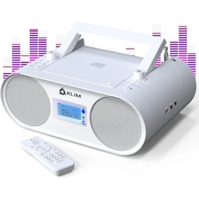 Imagen de KLIM Boombox B4 Reproductor CD portátil con Radio FM y batería Recargable Nuevo 2024 Bluetooth, MP3, AUX, FM/Am, CD, USB Mando función de autoapagado Player Blanco