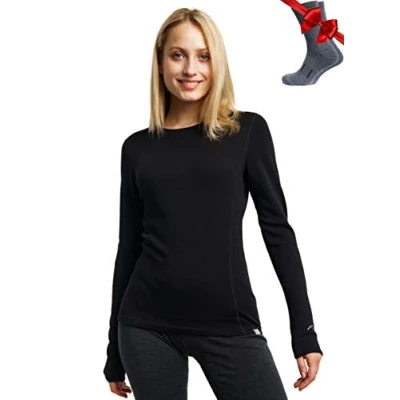 Imagen de Merino.tech Camiseta Lana Merino Mujer, Base Layer + Calcetines (Medium, Black 250)