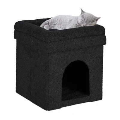 Imagen de Relaxdays Negra para Gatos con Asiento Cama Cueva Gato Taburete, Caseta Cuadrada Perro, Reposapiés Sofá, Plegable, 42 x 38 cm, Poliéster