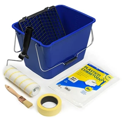 Imagen de Kit Especial APLICACION Pintura Interior Rodillo de Antigoteo Calidad Profesional con Cubeta, Cinta, Cubretodo y Pincel 5 Piezas