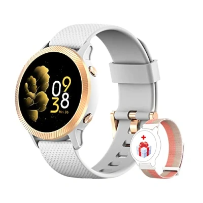 Imagen de IOWODO Smartwatch Mujer, Reloj Inteligente Mujer IP68 con Oxímetro(SpO2) Notificación de Mensajes Esfera Personalizada Pulsometro Podómetro Sueño,1.09 Pulgadas Pantalla para iOS Android(2 Correas)