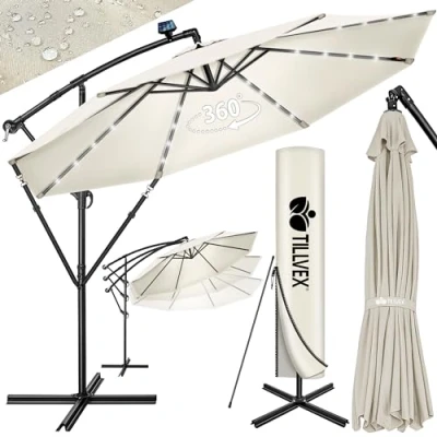 Imagen de tillvex 350 cm Sombrilla Excentrico con 32 Luces LED Solar Parasol para Terraza Jardín Balcón Patio Manivela y Base en Cruz, Giratorio 360º, Protección UV