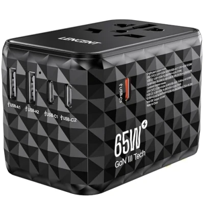 Imagen de LENCENT Adaptador de Viaje Internacional 65W, Universal con 2 USB A y 3 C, Enchufe Carga Rápida para Phone, Teléfono, Ordenadores Portátiles, EE.UU./UK/EU/AUS, Negro