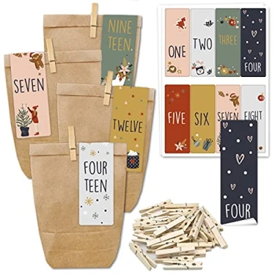 Imagen de Papierdrachen Calendario de Adviento para Rellenar 24 Bolsas Regalo y Pegatinas números Clips Motivo inglés Hacer Manualidades Navidad Mini Set nº 272