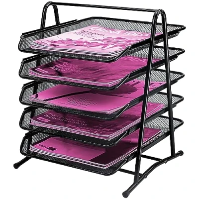 Imagen de 5 Tier Bandeja de Papel Organizador Escritorio, Escritorio Apilable, Estructura Malla para Documentos Papeles Uso en Casa u Oficina con Deslizantes Niveles