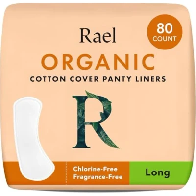 Imagen de Rael salvaslip protectores de bragas para mujer, funda algodón orgánico, largos, absorción ligera, sin perfume, cloro (largo, 80 unidades)