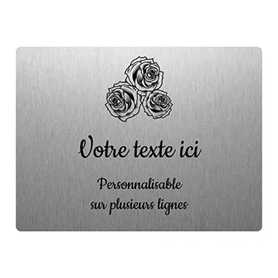 Imagen de Mygoodprice Placa grabada funeraria, diseño de tres rosas, autoadhesiva, 20 x 15 cm, personalizada, 1 a 3 líneas, aluminio cepillado