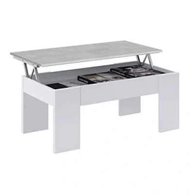 Imagen de Mesa de Centro Elevable, Mesita Salón o Comedor, Modelo LC, Acabado en Color Blanco Artik y Cemento, Medidas: 100 cm (Ancho) x 50 (Fondo) 45 56 (Alto)