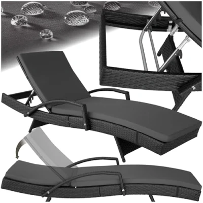 Imagen de tectake® Tumbona Jardín Exterior de Ratán y Aluminio, Piscina con Respaldo Regulable en 5 Posiciones, Playa Impermeble Resistente a Intemperie, Fácil Limpieza negro