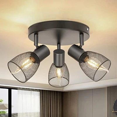 Imagen de Dehobo Focos para el Techo E14, Lámpara de 3 Giratorios Negro, Foco Pared Interior Iluminación LED con Pantallas Malla Metálica Dormitorio Cocina Pasillo (Sin bombillas E14)