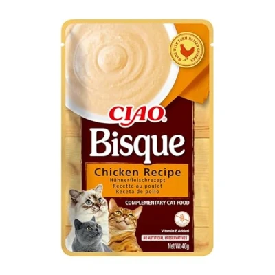 Imagen de INABA Churu Bisque Puré para Gatos Snacks Receta Pollo Premios Cremosos Saludables Sin Cereales, Conservantes, Colorantes Sólo 16 Calorías 40g