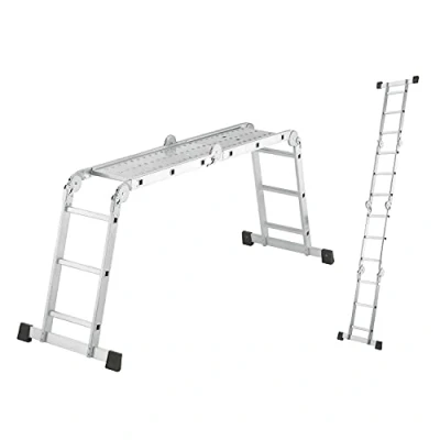 Imagen de Hailo escalera universal M60 de aluminio, combinada 4 x 3 peldaños, soporta hasta 150 kg, multiusos como plataforma trabajo antideslizante, pie, 6 articulaciones seguridad, color plateado
